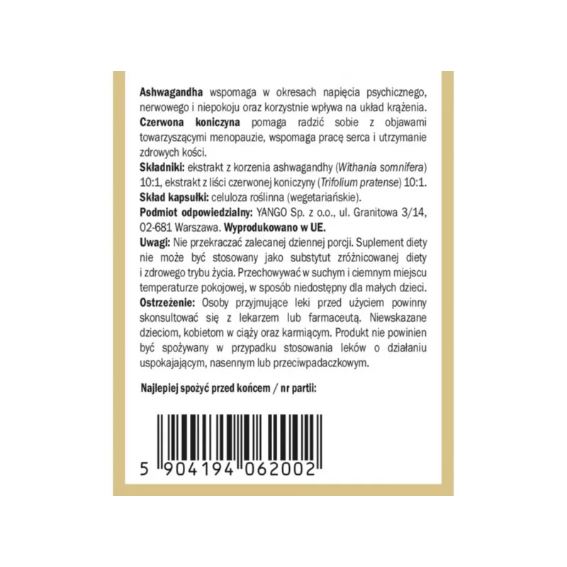 Yango Ashwagandha z czerwoną koniczyną 90 k