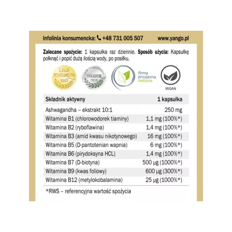 Yango Ashwagandha z witaminami z grupy B 90 k Yango Ashwagandha z witaminami z grupy B 90 k