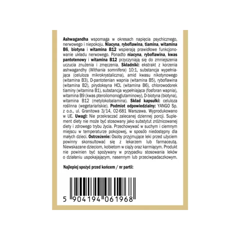 Yango Ashwagandha z witaminami z grupy B 90 k Yango Ashwagandha z witaminami z grupy B 90 k