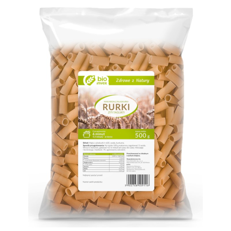BIO invex Makaron płaskurka rurki 500 g BIO invex Makaron płaskurka rurki 500 g