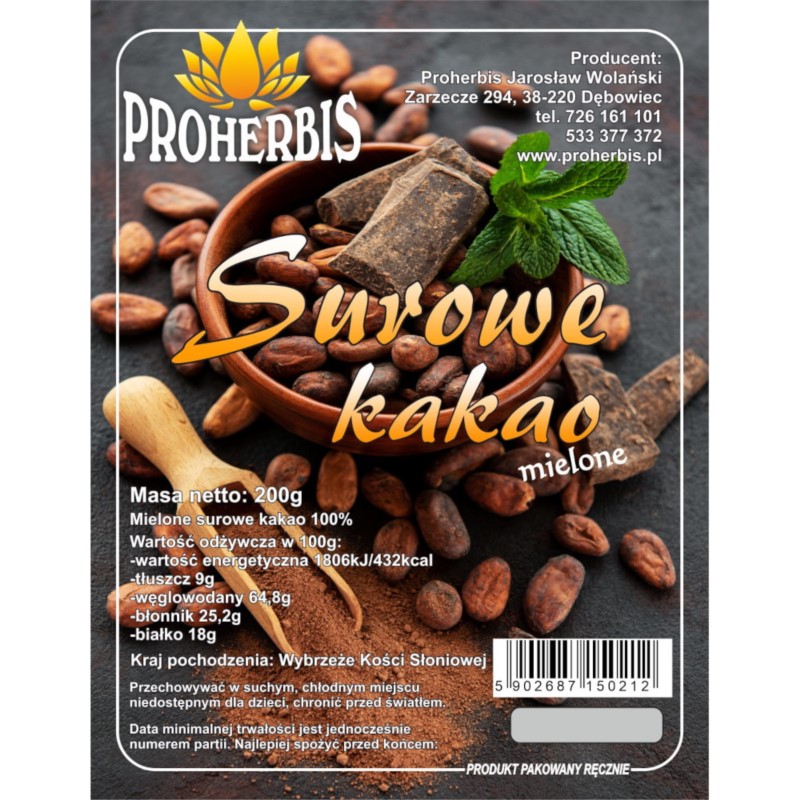 Proherbis Surowe kakao mielone 200 g Proherbis Surowe kakao mielone 200 g